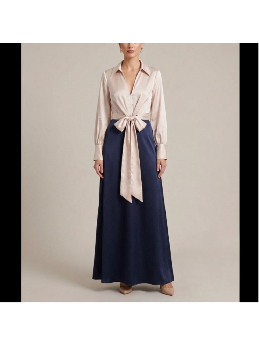 New Aakaa Maxi Satin Dress L Navy Beige Long Sleeve Elegant Classy Old Money